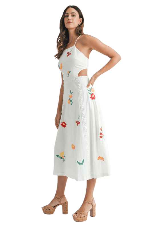 White embroidered open back dress