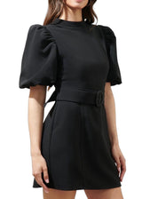 Black belted bubble sleeve mini dress