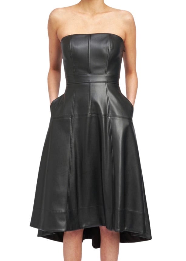 Black faux leather bustier midi dress