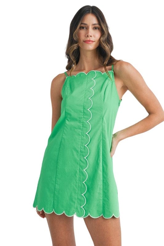 Kelly green scalloped detail strap shoulder mini dress