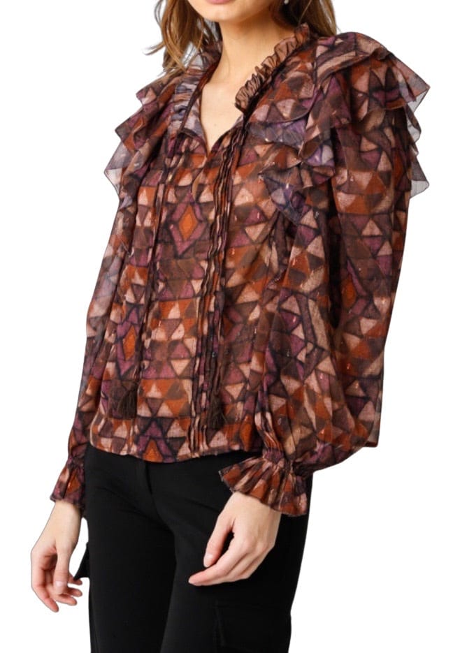 Brown and purple geometric ruffle shoulder top