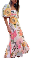 White pink and peach large floral print puff sleeve maxi