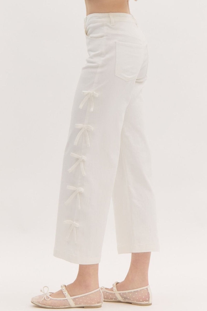 White cropped side bow denim