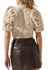 Tan and pearl neck cable knit sweater