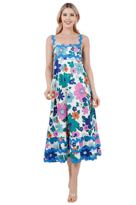 Floral print white & blue ric rac dress