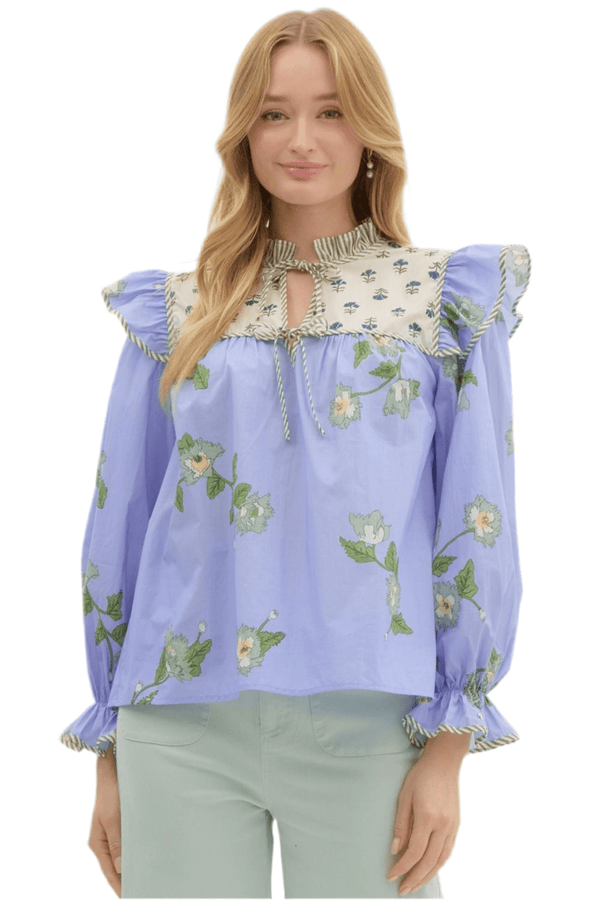 Periwinkle blue floral top with block print