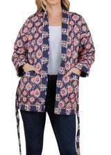 Navy & pink quilted collarless jacket