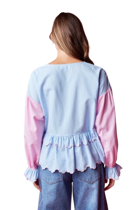 Blue & pink peplum tie front top