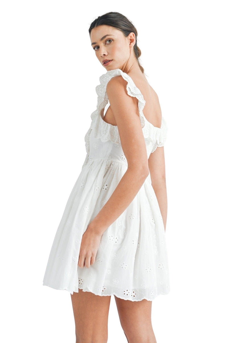 White ruffle eyelet scoop neck dress