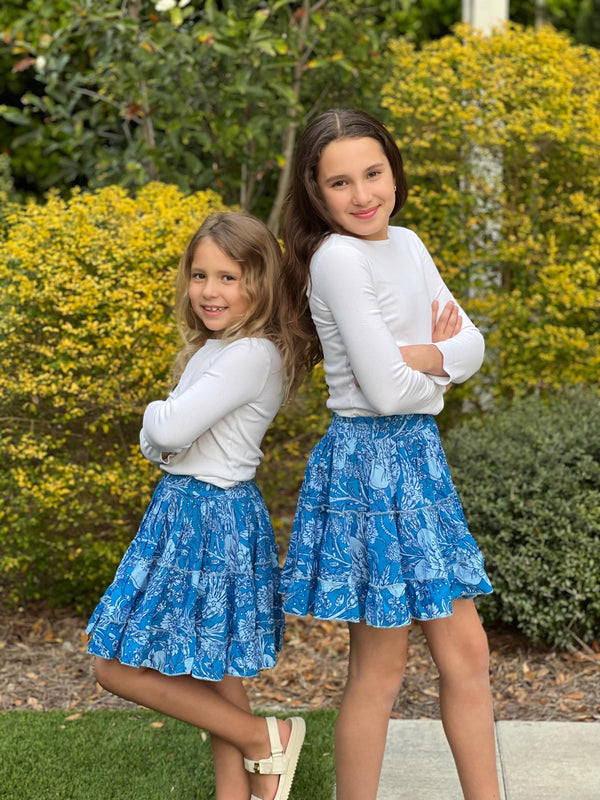 Little Girls Blue floral tiered skirt