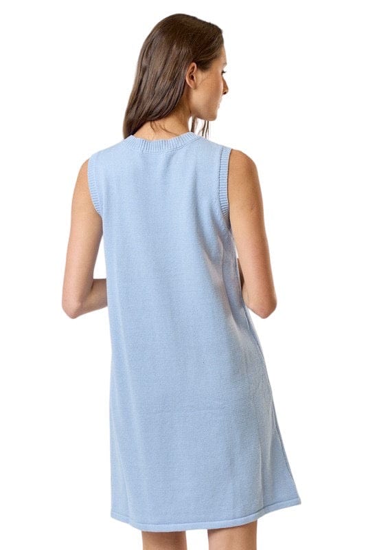 Sky blue sweater dress with white bows