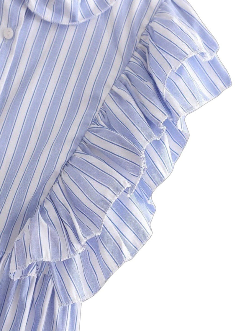 Light blue stripe ruffle open back blouse