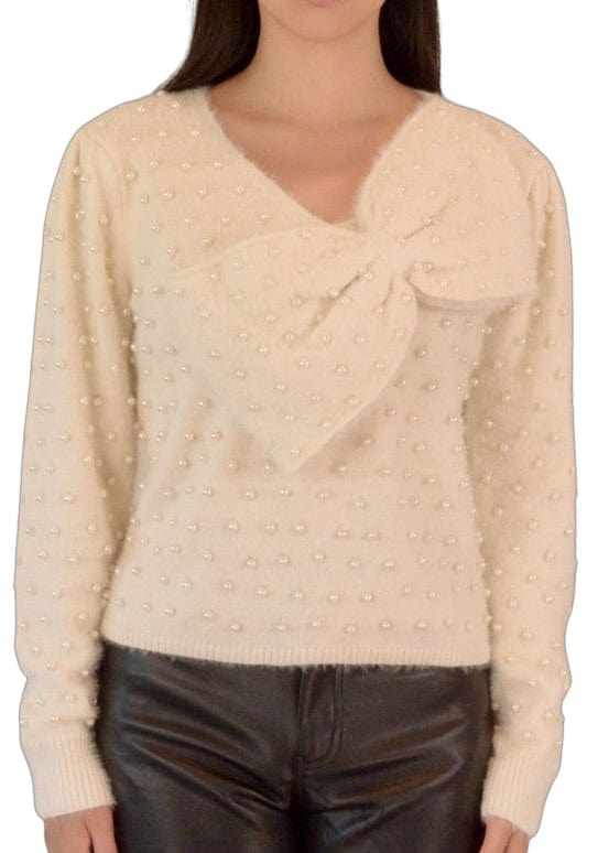 Cream pearl knit bow sweater