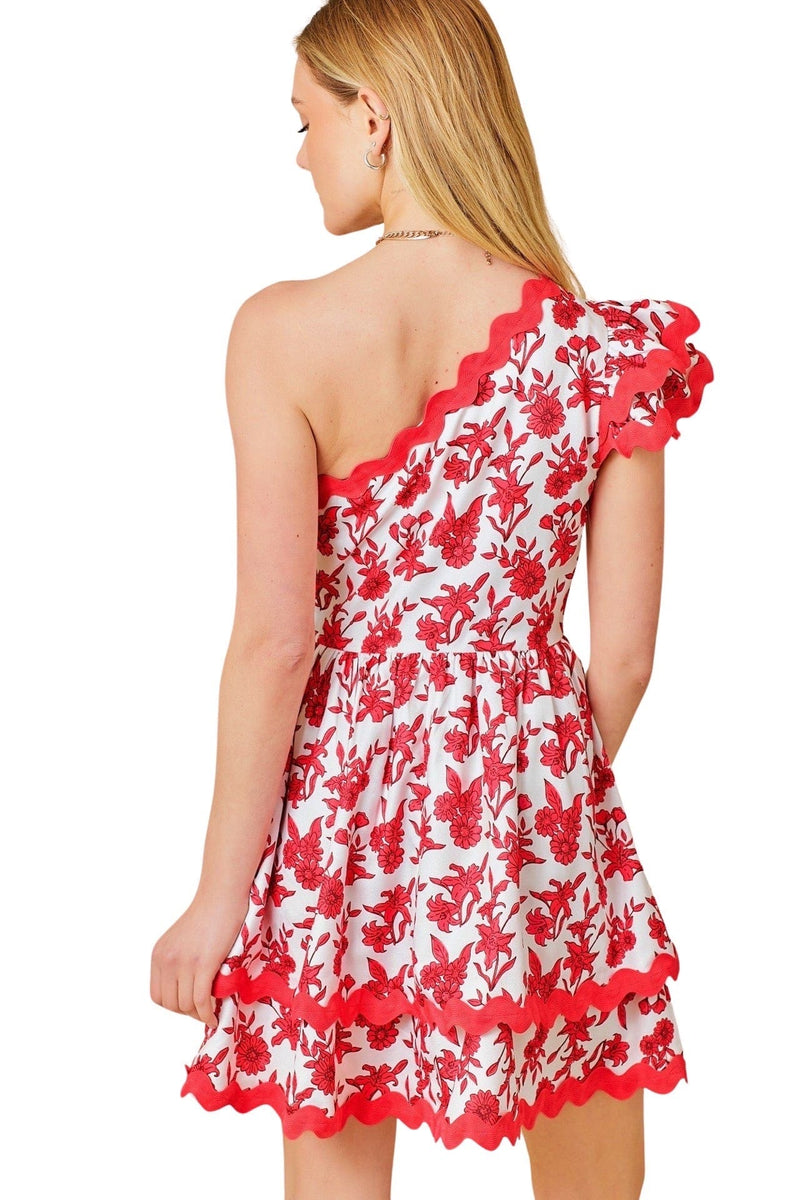 Red and white floral one shoulder ric rac dress