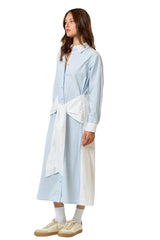 Colorblock blue and white front tie shirt dress