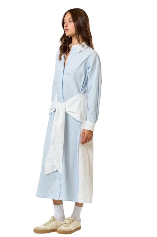 Colorblock blue and white front tie shirt dress