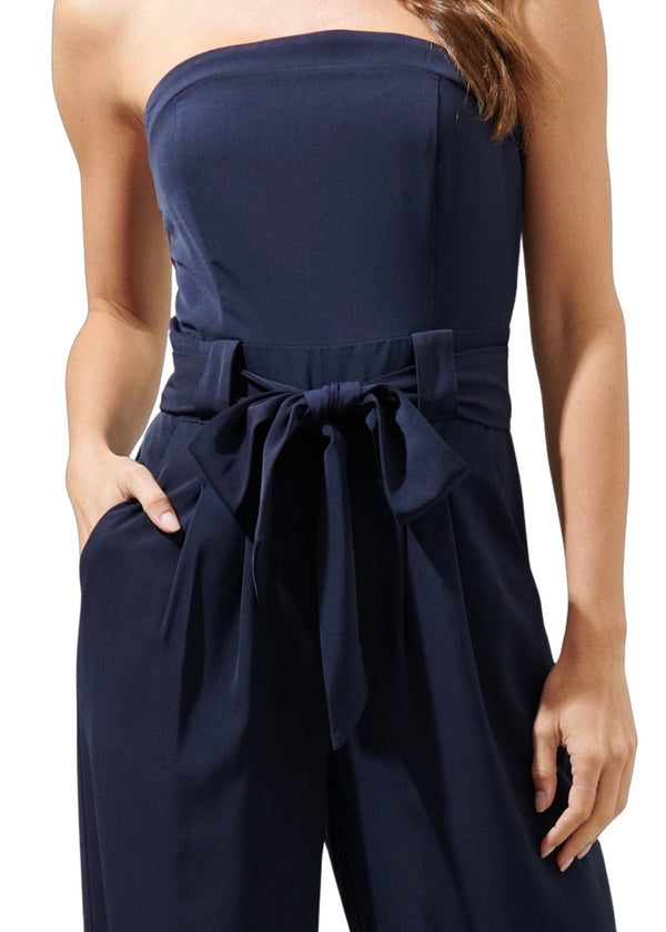Navy strapless belted jumpsuit