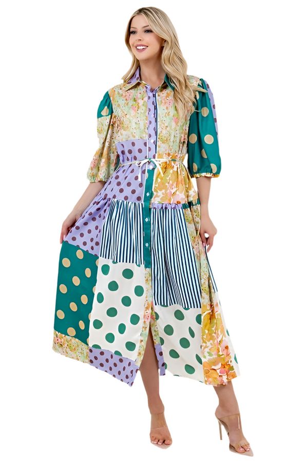 Multi patchwork print midi dress