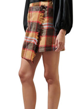 Brown plaid faux wrap mini skirt