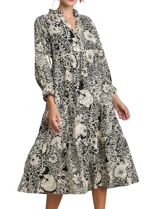 Black and cream floral midi with piping