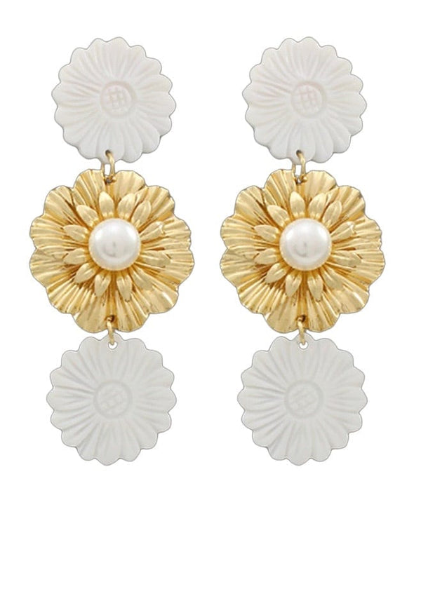 Pearl and gold flower triple drop earring