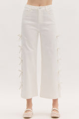 White cropped side bow denim