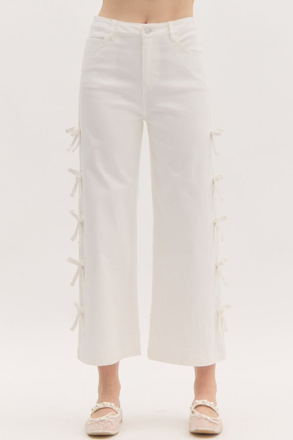 White cropped side bow denim