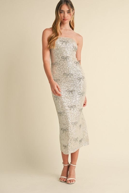 Champagne bow appliqué sequin tube tube midi