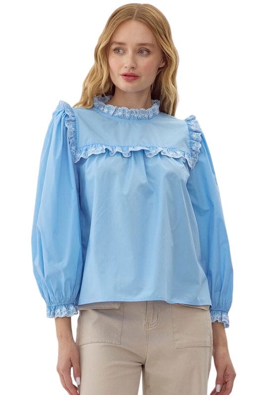 Sky blue poplin top with eyelet trim