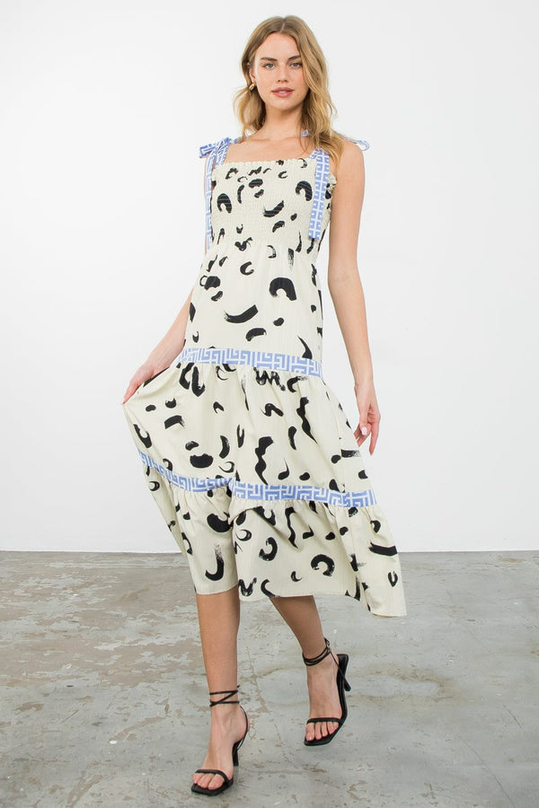 Black and white abstract midi with Greek key trim