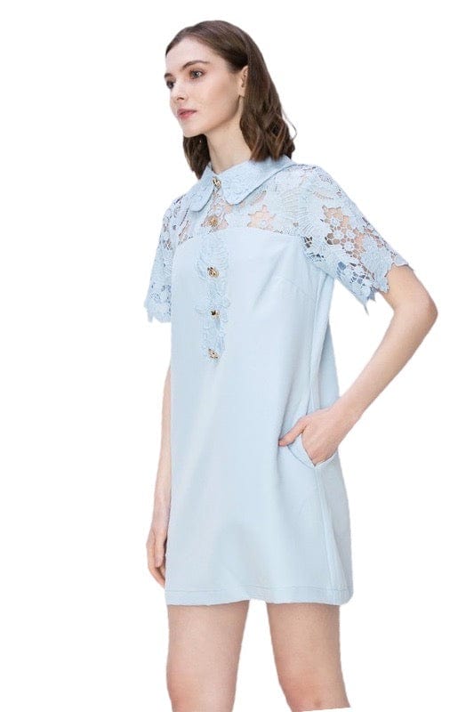 Light blue shirt dress with lace sleeve and jewel buttons