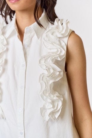 White sleeveless button down dress with ruffle detail
