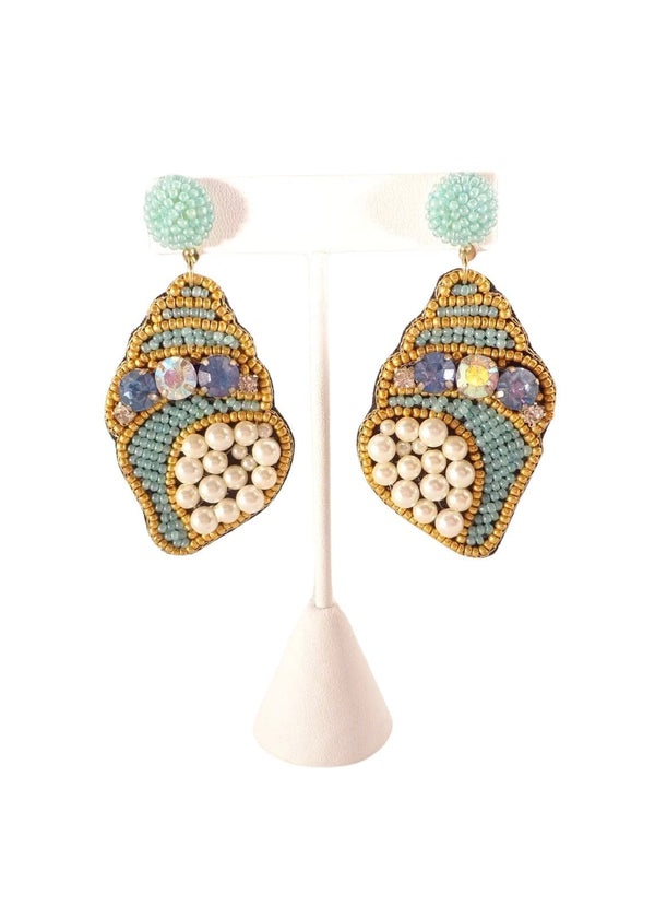 Blue pearl and beaded conch shell earring