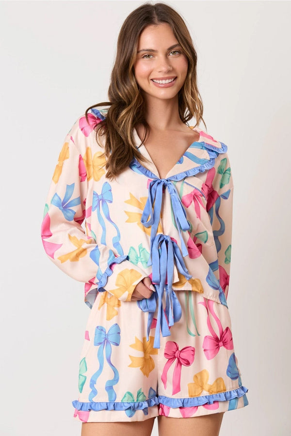 Multi color bow satin pajamas