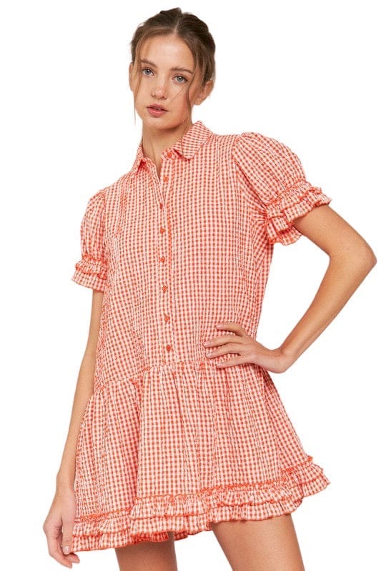 Orange and white gingham baby doll dress