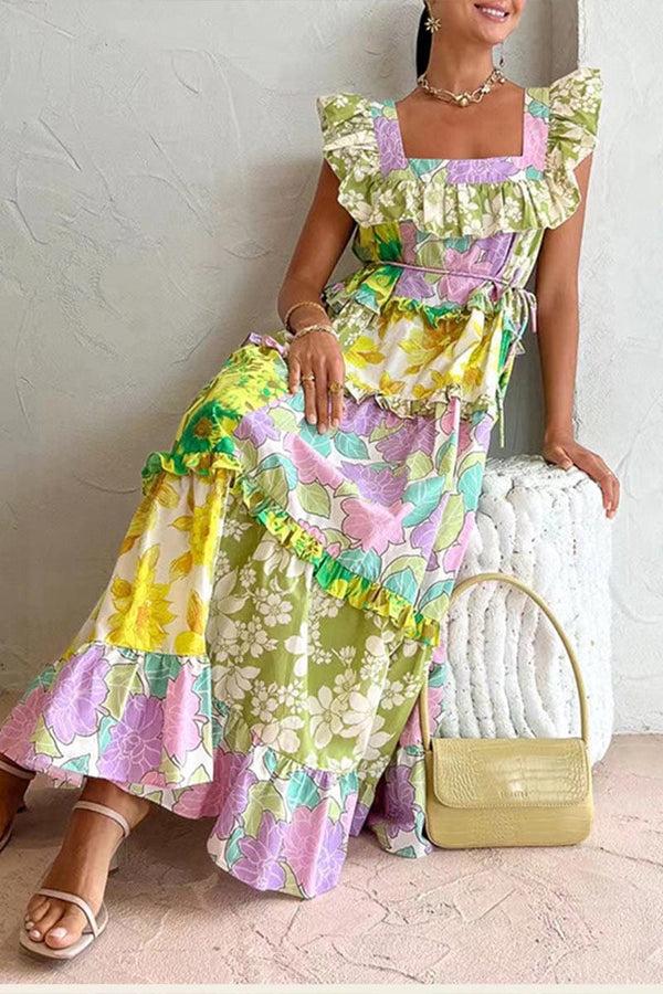 Yellow green and purple colorblocked floral maxi