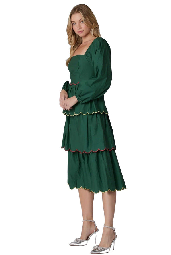 Hunter green poplin scalloped tiered midi