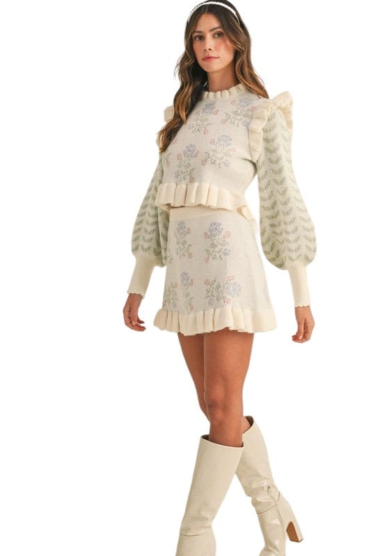 Cream floral sweater and skirt set