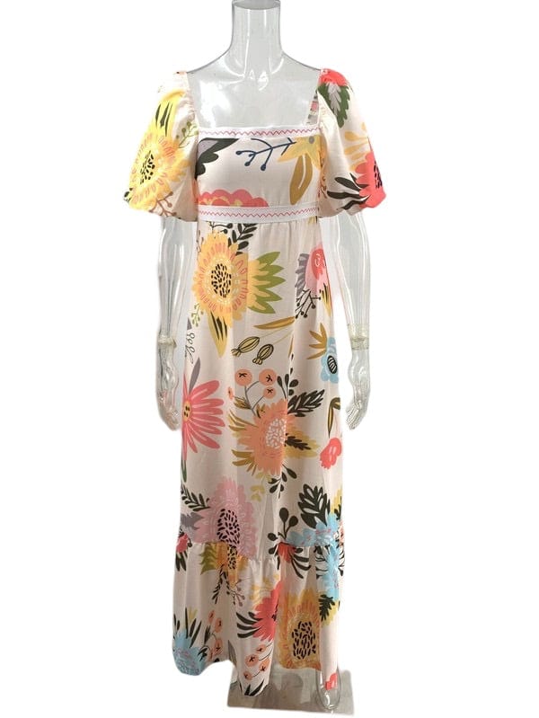 White pink and peach large floral print puff sleeve maxi