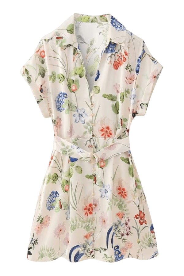 Ivory floral belted mini dress
