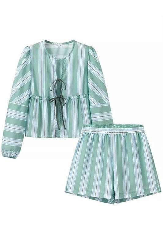 Green stripe tie front blouse short set