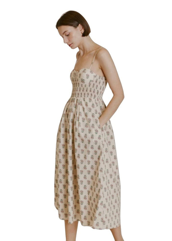Ivory floral print sleeveless midi dress