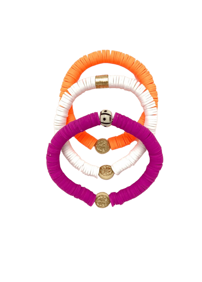 Orange purple and white triple bracelet stack