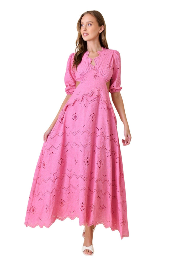 Raspberry pink eyelet maxi dress with puff sleeve