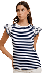 Ivory and navy striped eyelet ruffle sleeve top