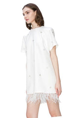 White jeweled feather hem dress