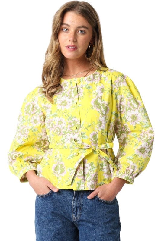 Yellow floral poplin shirt with tie