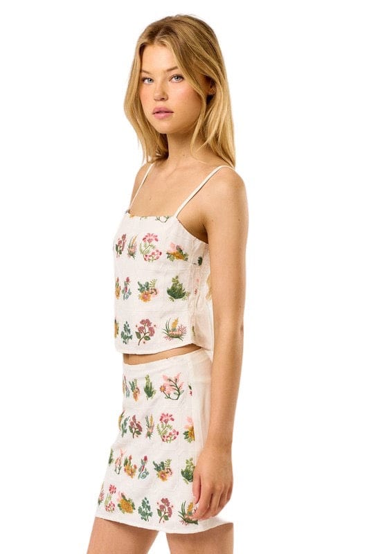 Cream embroidered mini skirt and smocked back tank