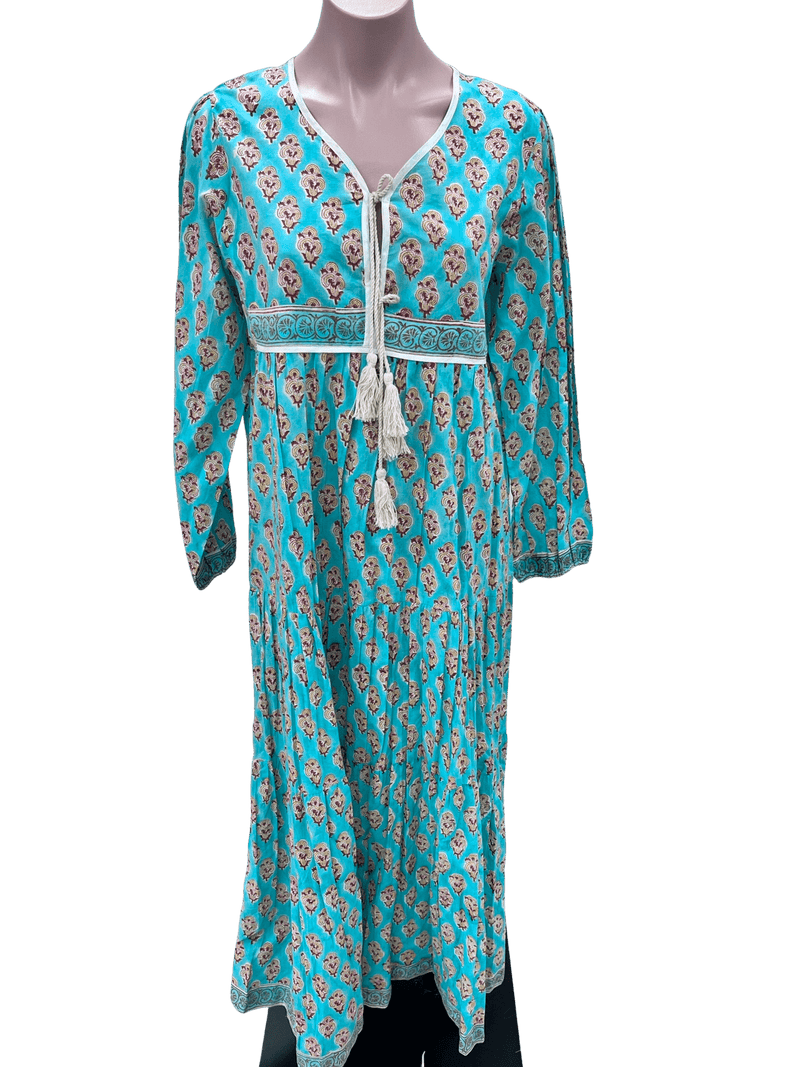 Trunk show teal and gold medallion double tassel dress