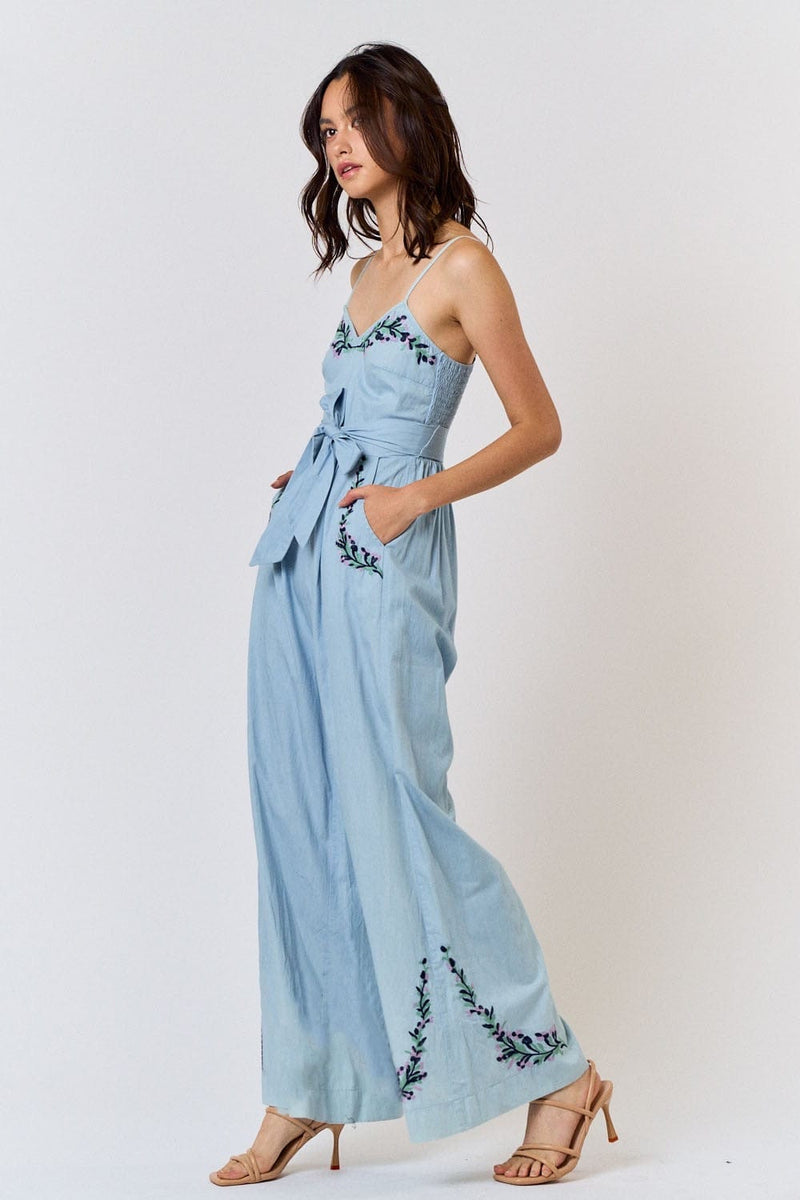 Chambray jumpsuit with sash and embroidery